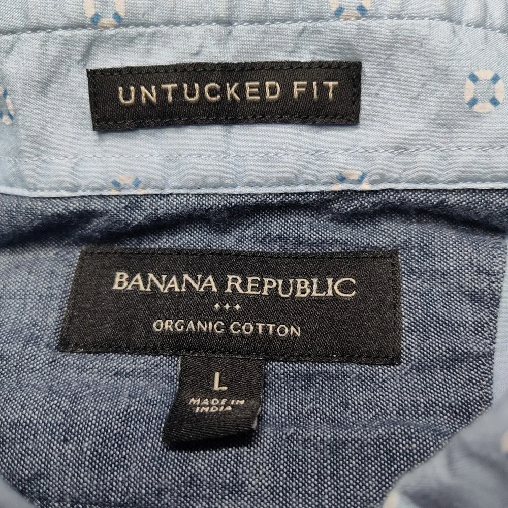 BANANA REPUBLIC UNTUCKED Fit Men Large Organic Cotton Blue Geo‎ Button Shirt